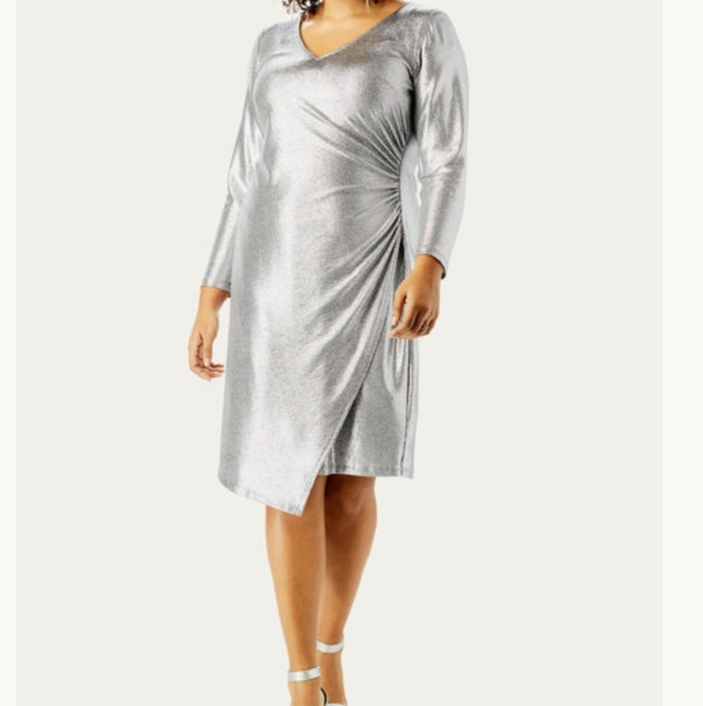 Metallic V-neck dress with side ruching.
